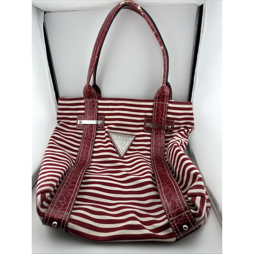 Vintage GUESS Satchel Tote Bag Red White Striped Faux Leather Croc Trim Medium